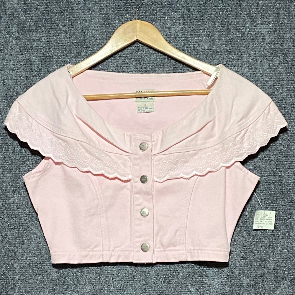 Stefano International Vintage Pink Denim Eyelet Crop Top Portrait Collar Small
